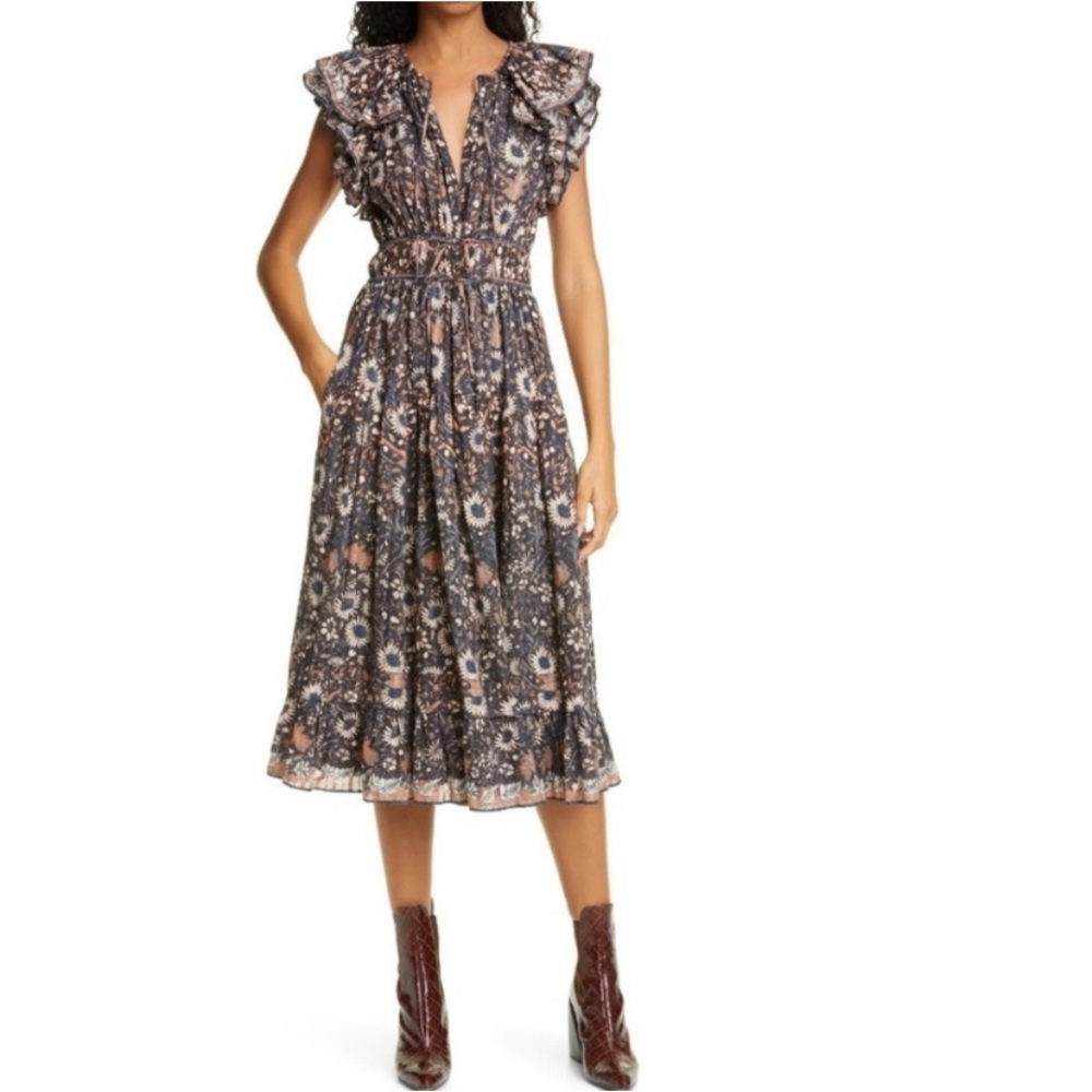 Ulla Johnson Analise Midi Dress Floral Prairie Drawstring Waist Size 6